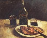 Vincent Van Gogh Still life with a Bottle,Two Glasses Cheese and Bread (nn04) oil